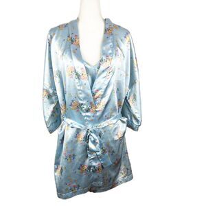 Elissia Robe Set Women Medium Blue Tank Dress Floral Satin Shiny Lounge Vintage